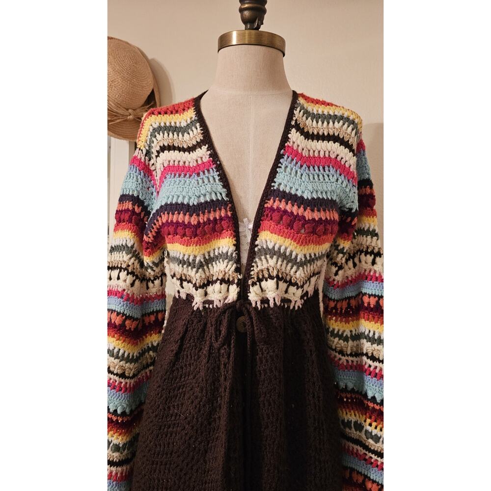 Boston Proper Sweater Size Medium Rainbow Knit Tie Front Crochet Cardigan Boho M